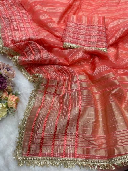 Fashionable Orange Tissue Silk Saree with Designer Lace Border for Wedding Wear Silk Sarees Wholesale