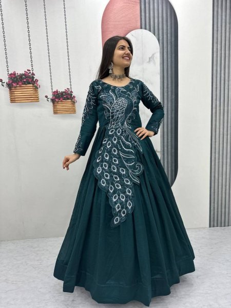 Fashionable Teal Green Gown with Embroidery and Sequence Work for Women 