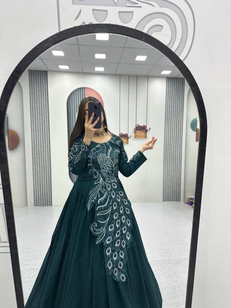 Fashionable Teal Green Gown with Embroidery and Sequence Work for Women Designer Lehenga Choli