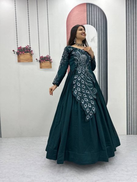 Fashionable Teal Green Gown with Embroidery and Sequence Work for Women Designer Lehenga Choli