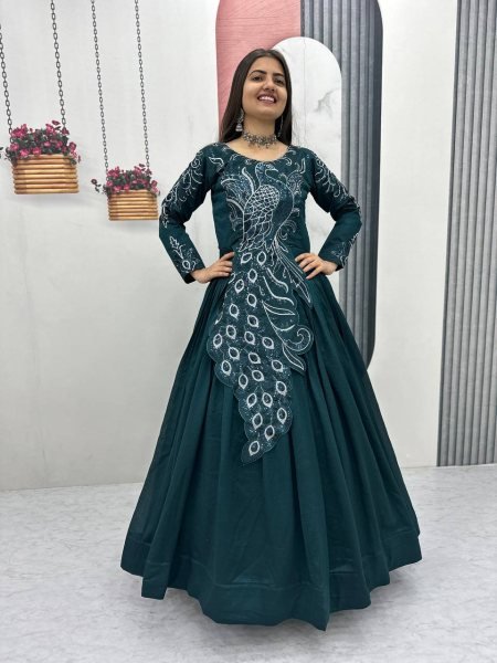 Fashionable Teal Green Gown with Embroidery and Sequence Work for Women Designer Lehenga Choli