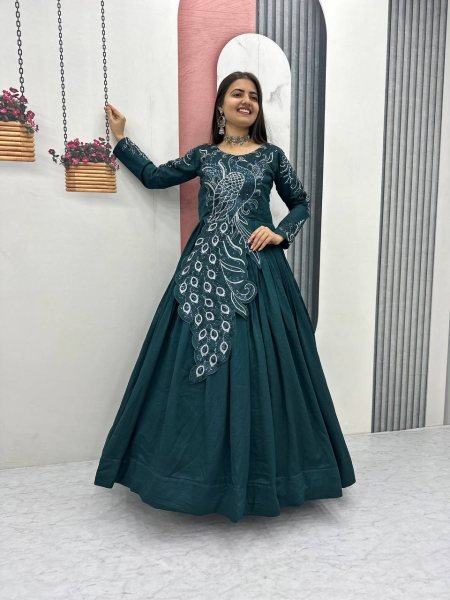 Fashionable Teal Green Gown with Embroidery and Sequence Work for Women Designer Lehenga Choli