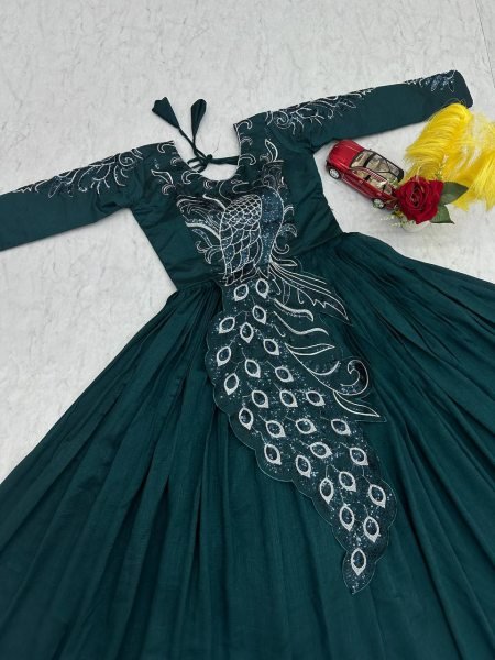 Fashionable Teal Green Gown with Embroidery and Sequence Work for Women Designer Lehenga Choli