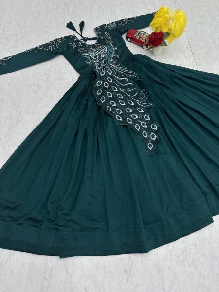 Fashionable Teal Green Gown with Embroidery and Sequence Work for Women Designer Lehenga Choli