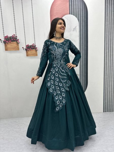 Fashionable Teal Green Gown with Embroidery and Sequence Work for Women Designer Lehenga Choli