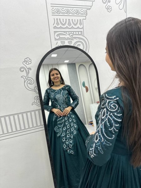 Fashionable Teal Green Gown with Embroidery and Sequence Work for Women Designer Lehenga Choli