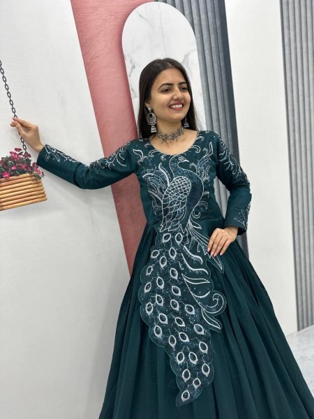 Fashionable Teal Green Gown with Embroidery and Sequence Work for Women Designer Lehenga Choli