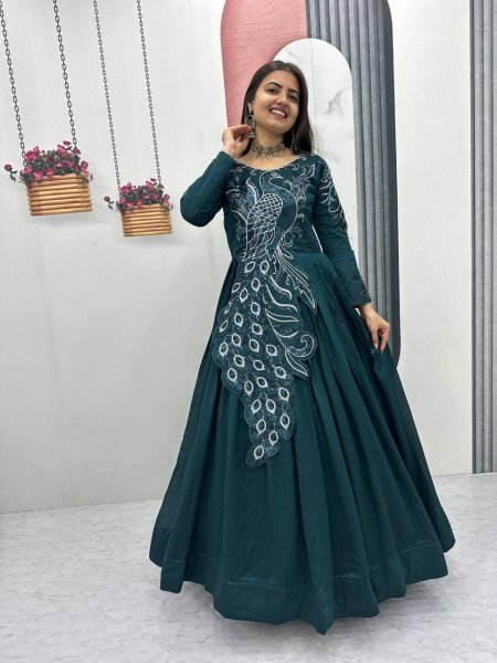 Fashionable Teal Green Gown with Embroidery and Sequence Work for Women Designer Lehenga Choli