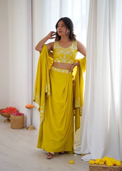Fashionable Yellow Dhoti Set with Thread Work for Occasions Bollywood Lehenga Choli