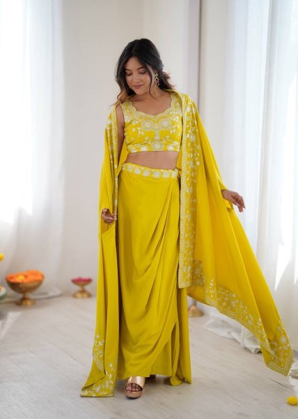 Fashionable Yellow Dhoti Set with Thread Work for Occasions Bollywood Lehenga Choli