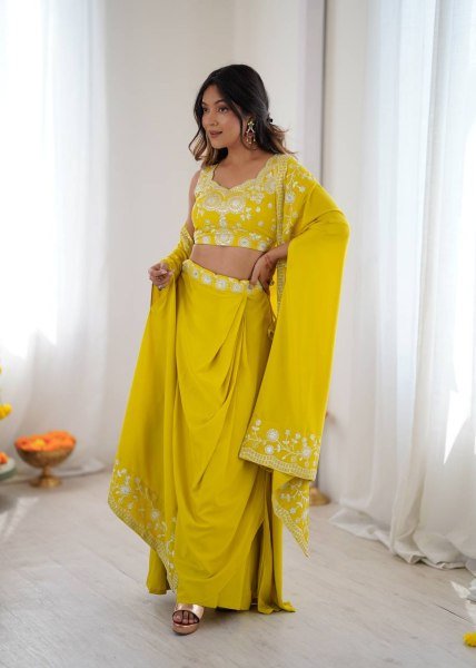 Fashionable Yellow Dhoti Set with Thread Work for Occasions Bollywood Lehenga Choli
