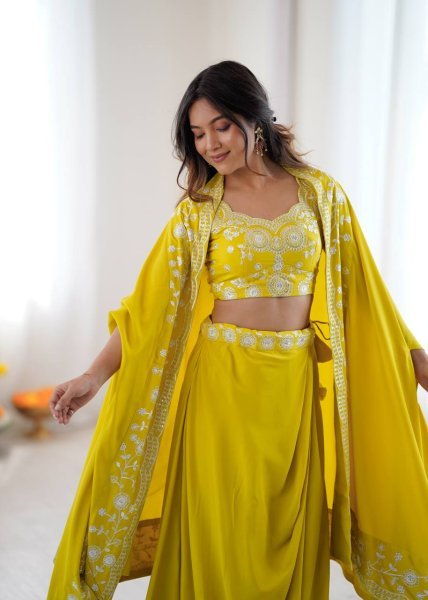 Fashionable Yellow Dhoti Set with Thread Work for Occasions Bollywood Lehenga Choli