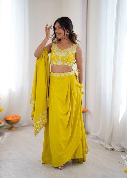 Fashionable Yellow Dhoti Set with Thread Work for Occasions Bollywood Lehenga Choli