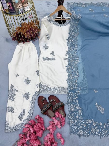 Fashioncore Roman Glass 3mm Sequence Work Top Embellished Plazzo Set with Cutwork Organza Dupatta Ready To Wear Collection