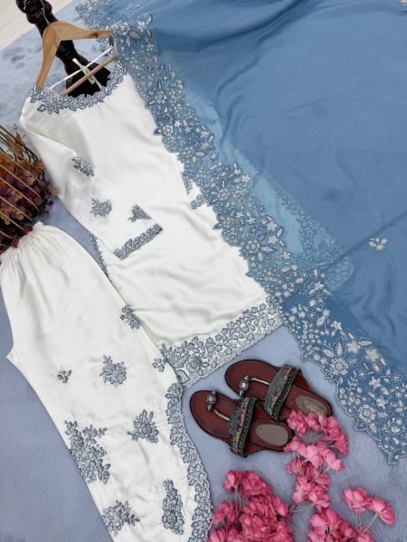 Fashioncore Roman Glass 3mm Sequence Work Top Embellished Plazzo Set with Cutwork Organza Dupatta Ready To Wear Collection