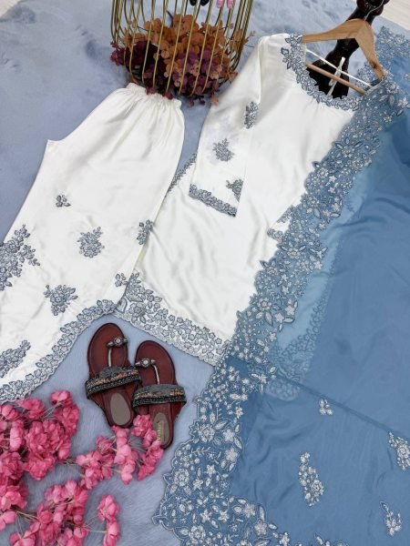 Fashioncore Roman Glass 3mm Sequence Work Top Embellished Plazzo Set with Cutwork Organza Dupatta Ready To Wear Collection