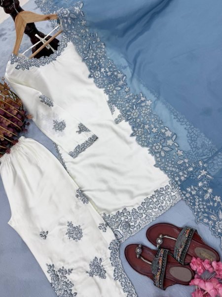 Fashioncore Roman Glass 3mm Sequence Work Top Embellished Plazzo Set with Cutwork Organza Dupatta Ready To Wear Collection