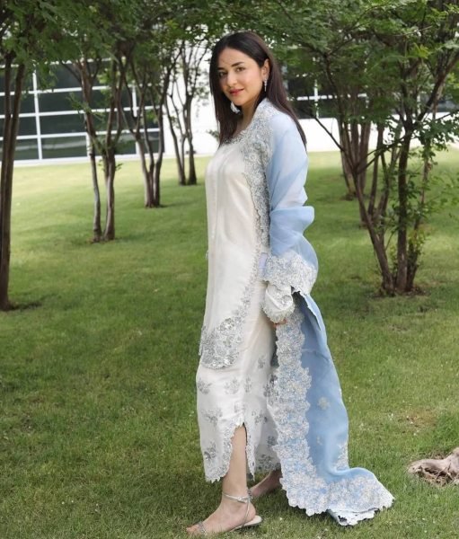 Fashioncore Roman Glass 3mm Sequence Work Top Embellished Plazzo Set with Cutwork Organza Dupatta Ready To Wear Collection