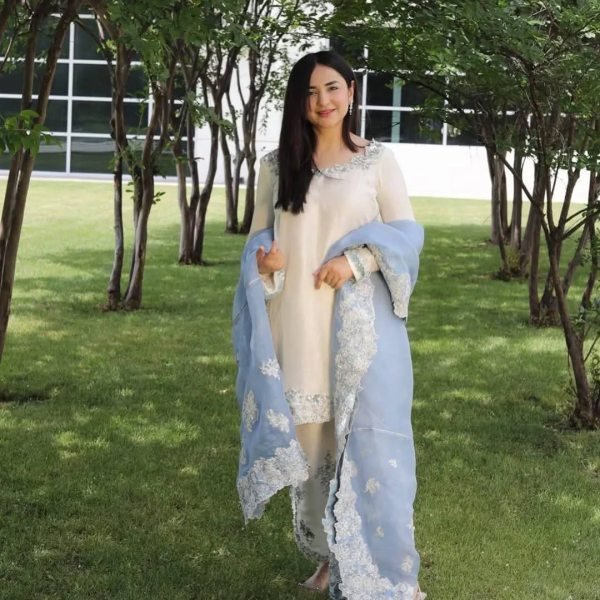 Fashioncore Roman Glass 3mm Sequence Work Top Embellished Plazzo Set with Cutwork Organza Dupatta Ready To Wear Collection