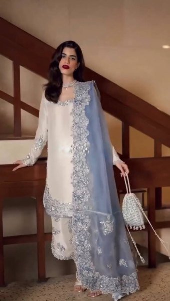 Fashioncore Roman Glass 3mm Sequence Work Top Embellished Plazzo Set with Cutwork Organza Dupatta Ready To Wear Collection