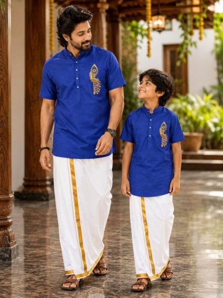 Father Son Blue Jippa Set with Soft Magic Cotton Printed Fabric at Wholesale Rate Mens Wear