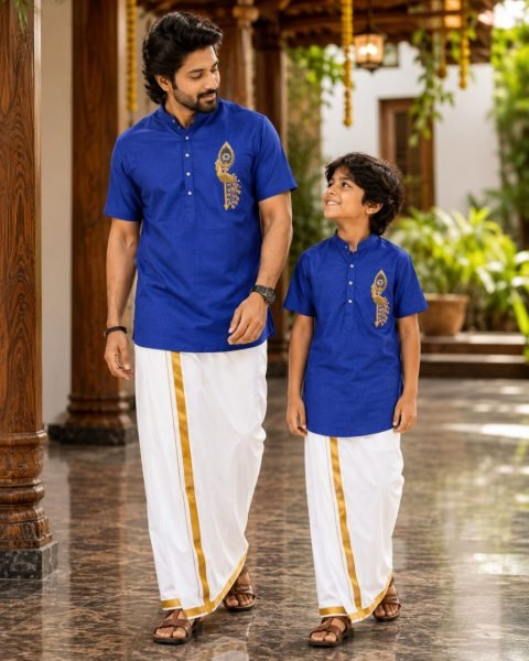 Father Son Blue Jippa Set with Soft Magic Cotton Printed Fabric at Wholesale Rate Father Son Collection 