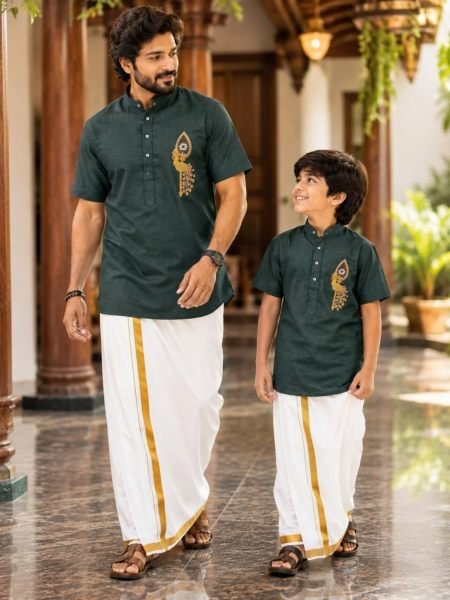 Father Son Green Matching Jippa Set in Premium Soft Magic Cotton For Festival Mens Wear