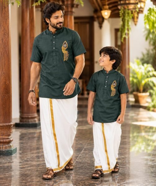 Father Son Green Matching Jippa Set in Premium Soft Magic Cotton For Festival Father Son Collection 
