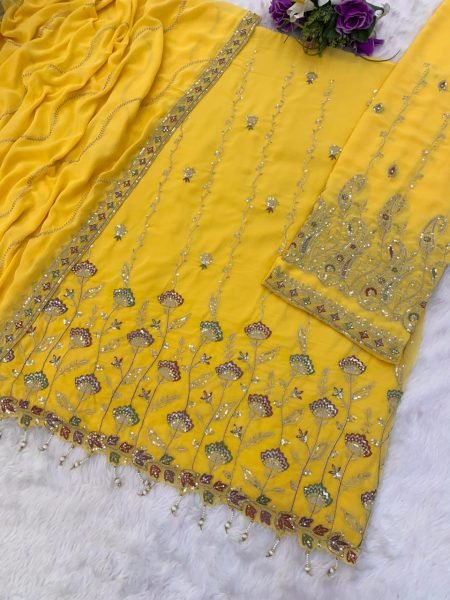 Faux Georgette Intricate Embroidery Palazzo Suit Graceful Wedding Guest Outfit Designer Plazzo Salwar Suits Wholesale