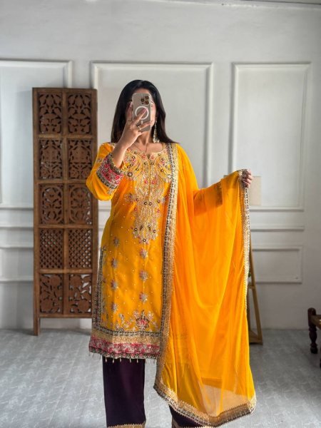 Faux Georgette Kurti Set with Moti and Sequin Work Ready to Wear Ready To Wear Collection