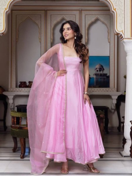 Faux Georgette Pink Anarkali With Pant And Dupatta Wedding Set Kurtis