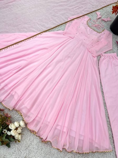 Faux Georgette Pink Anarkali With Pant And Dupatta Wedding Set Anarkali Kurtis 