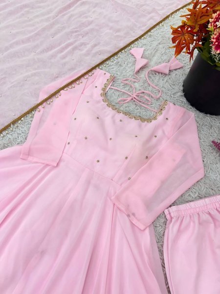 Faux Georgette Pink Anarkali With Pant And Dupatta Wedding Set Anarkali Kurtis 
