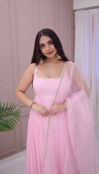 Faux Georgette Pink Anarkali With Pant And Dupatta Wedding Set Anarkali Kurtis 