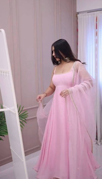 Faux Georgette Pink Anarkali With Pant And Dupatta Wedding Set Anarkali Kurtis 