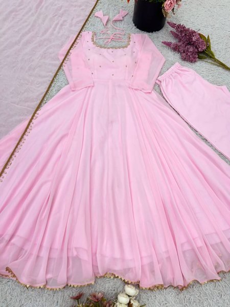 Faux Georgette Pink Anarkali With Pant And Dupatta Wedding Set Anarkali Kurtis 