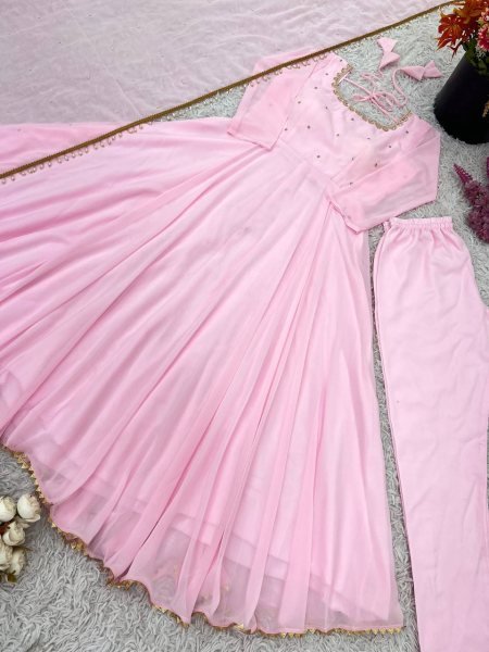 Faux Georgette Pink Anarkali With Pant And Dupatta Wedding Set Anarkali Kurtis 