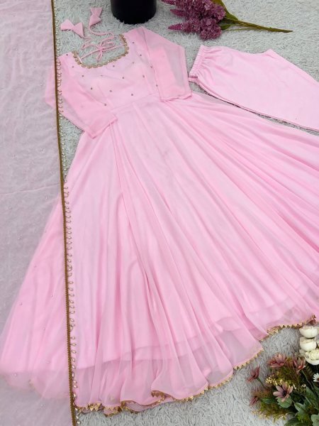 Faux Georgette Pink Anarkali With Pant And Dupatta Wedding Set Anarkali Kurtis 