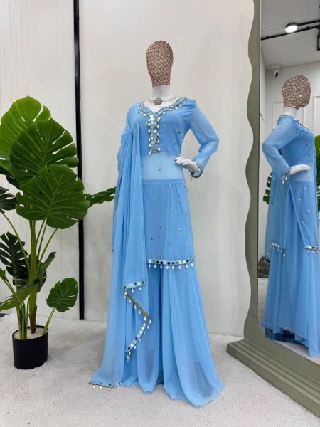 Faux Georgette Thread & Mirror Work Suit with Palazzo & Dupatta for Party Wear at Wholesale Rates Ready To Wear Collection