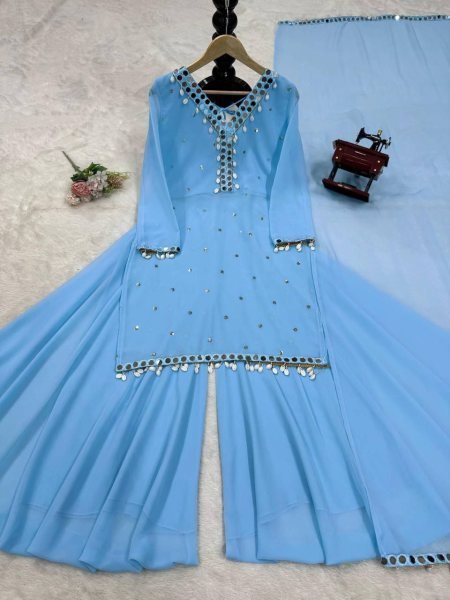 Faux Georgette Thread & Mirror Work Suit with Palazzo & Dupatta for Party Wear at Wholesale Rates Ready To Wear Collection