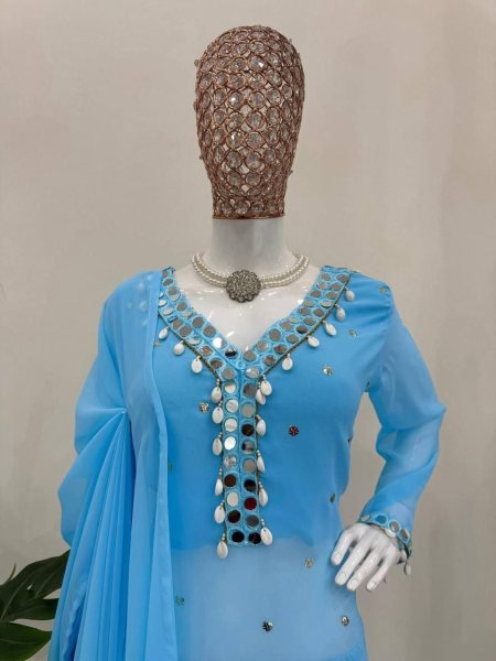 Faux Georgette Thread & Mirror Work Suit with Palazzo & Dupatta for Party Wear at Wholesale Rates Ready To Wear Collection