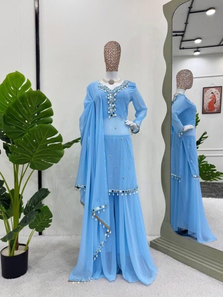 Faux Georgette Thread & Mirror Work Suit with Palazzo & Dupatta for Party Wear at Wholesale Rates Ready To Wear Collection