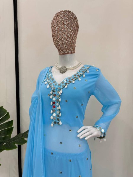 Faux Georgette Thread & Mirror Work Suit with Palazzo & Dupatta for Party Wear at Wholesale Rates Ready To Wear Collection