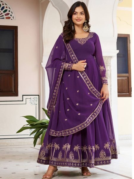 Favorite Look Purple Faux Georgette Thread and Sequence Work Gown with Pant and Dupatta Ready To Wear Suit