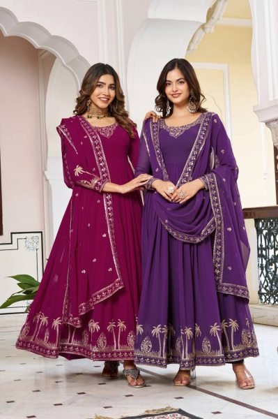 Favorite Look Purple Faux Georgette Thread and Sequence Work Gown with Pant and Dupatta Ready To Wear Collection