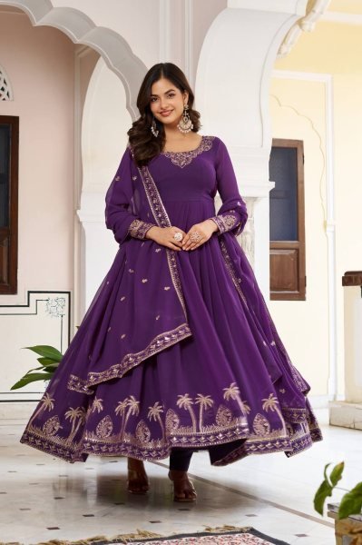 Favorite Look Purple Faux Georgette Thread and Sequence Work Gown with Pant and Dupatta Ready To Wear Collection