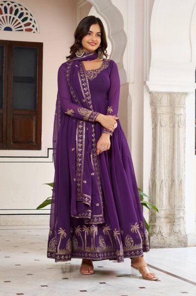 Favorite Look Purple Faux Georgette Thread and Sequence Work Gown with Pant and Dupatta Ready To Wear Collection