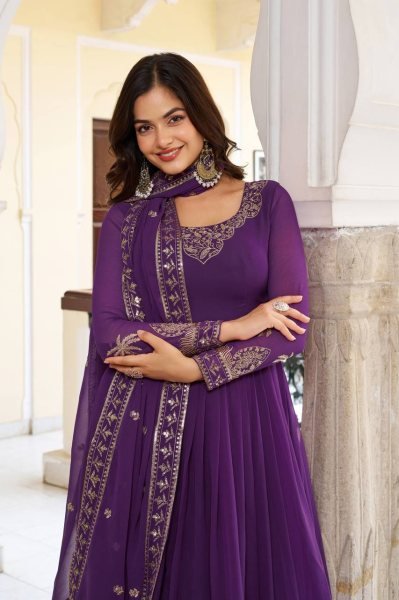 Favorite Look Purple Faux Georgette Thread and Sequence Work Gown with Pant and Dupatta Ready To Wear Collection