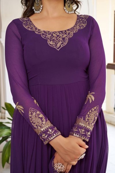 Favorite Look Purple Faux Georgette Thread and Sequence Work Gown with Pant and Dupatta Ready To Wear Collection