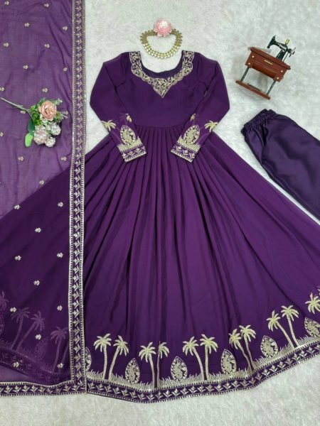 Favorite Look Purple Faux Georgette Thread and Sequence Work Gown with Pant and Dupatta Ready To Wear Collection